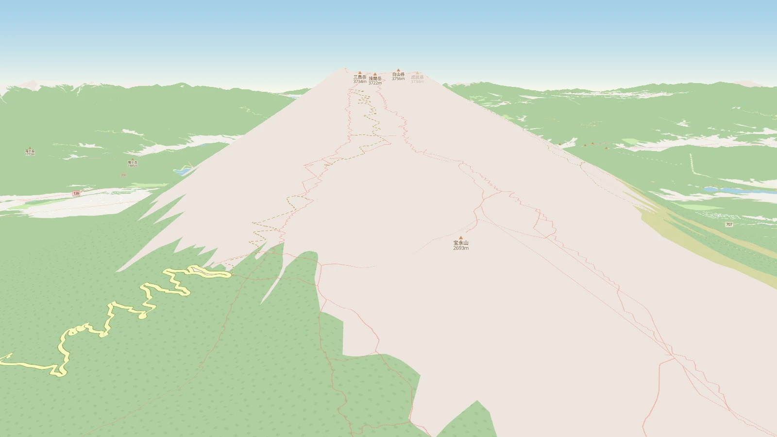 A tilted map view of Mount Fuji, its slopes lifted to their real elevation, with peak labels giving heights in meters