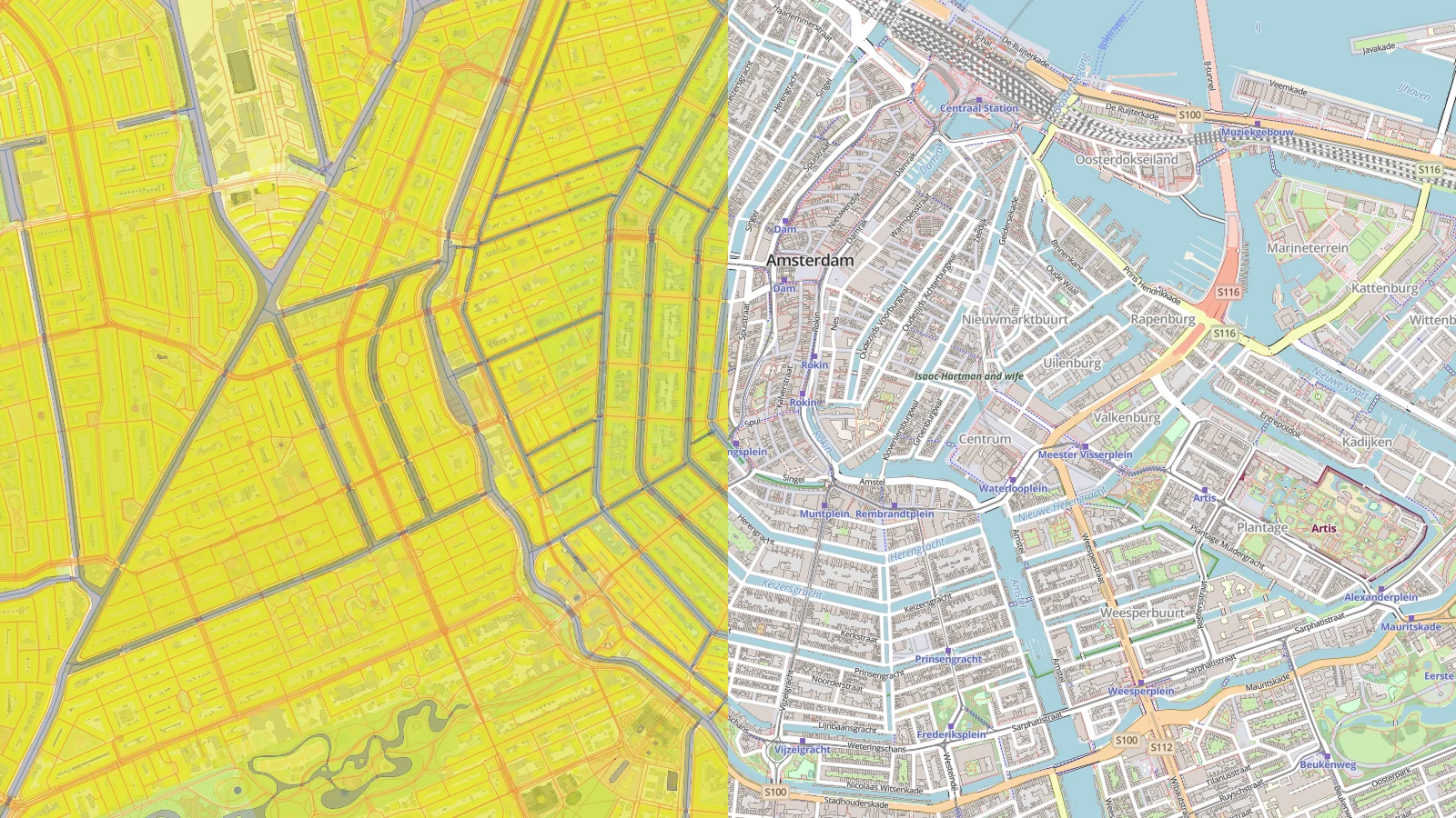 The same streets of central Amsterdam drawn twice: a flat, unreadable treatment on the left, and a considered style with clear hierarchy and labels on the right