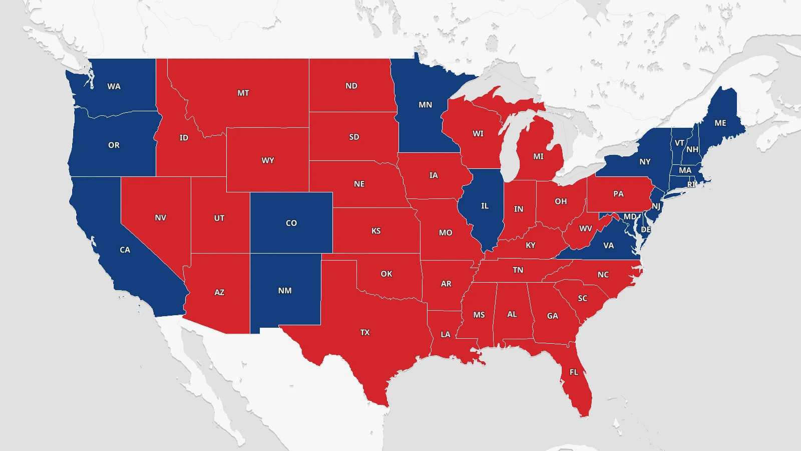 A map of the United States with each state shaded red or blue according to its election result